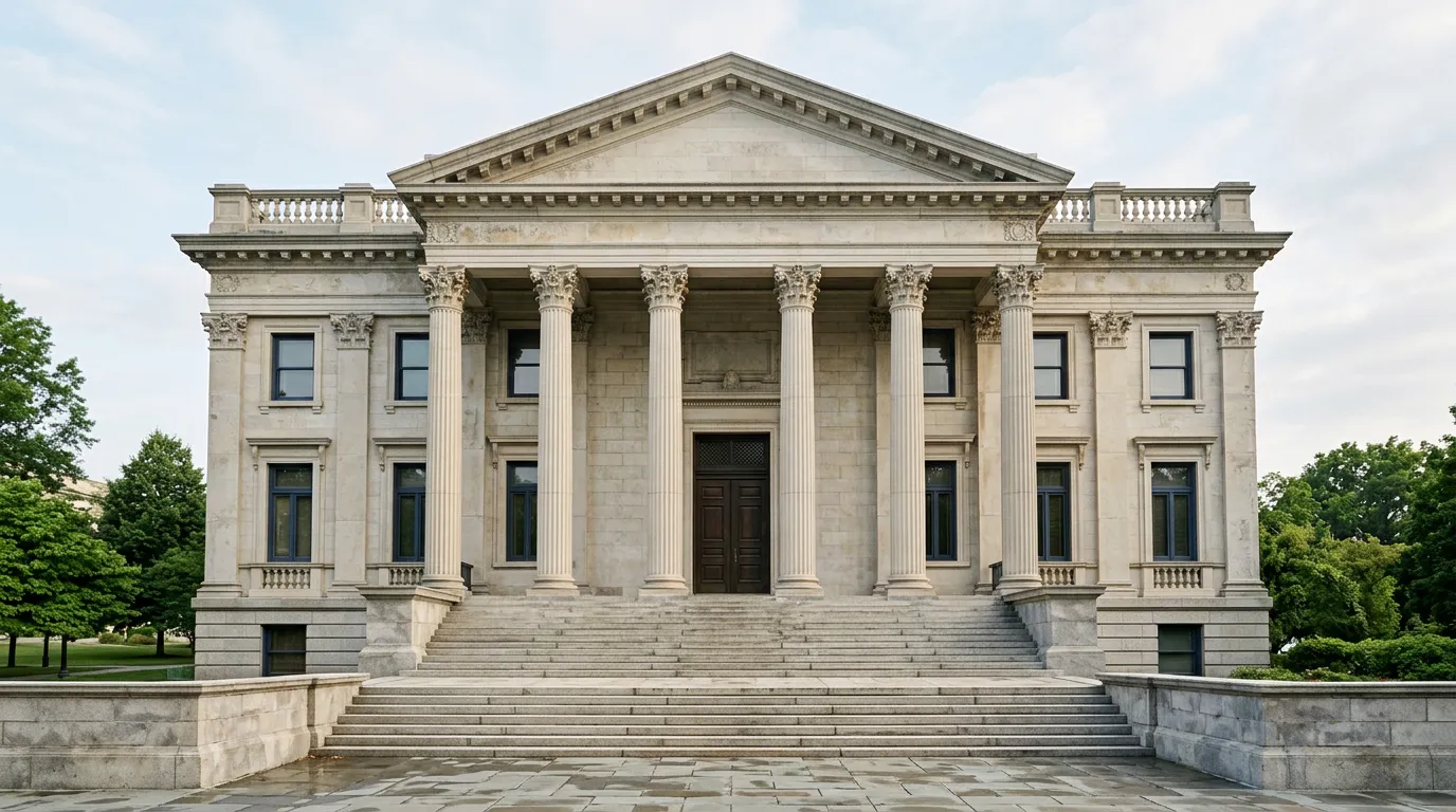 Fa\u00e7ade d'un tribunal avec colonnes en pierre et marches, illustrant l'ex\u00e9cution d'une d\u00e9cision de justice