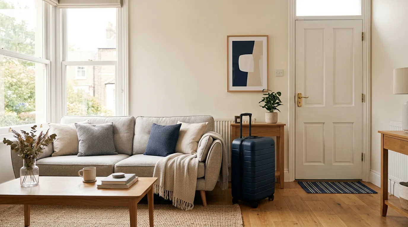 Salon meubl\u00e9 d'un logement de courte dur\u00e9e avec une valise pr\u00e8s de l'entr\u00e9e, \u00e9voquant la sous-location
