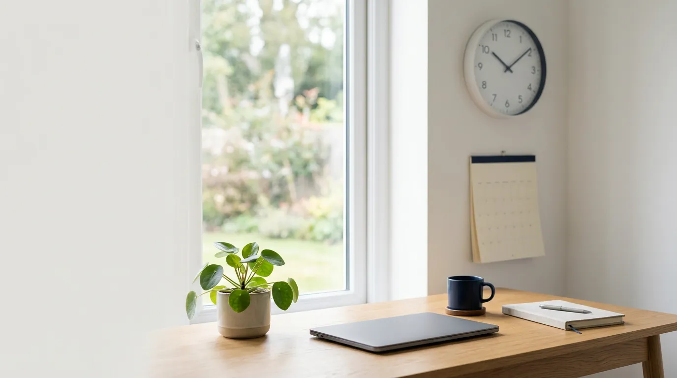 Espace de travail clair près d'une fenêtre avec une horloge et un calendrier sobres, sans personne