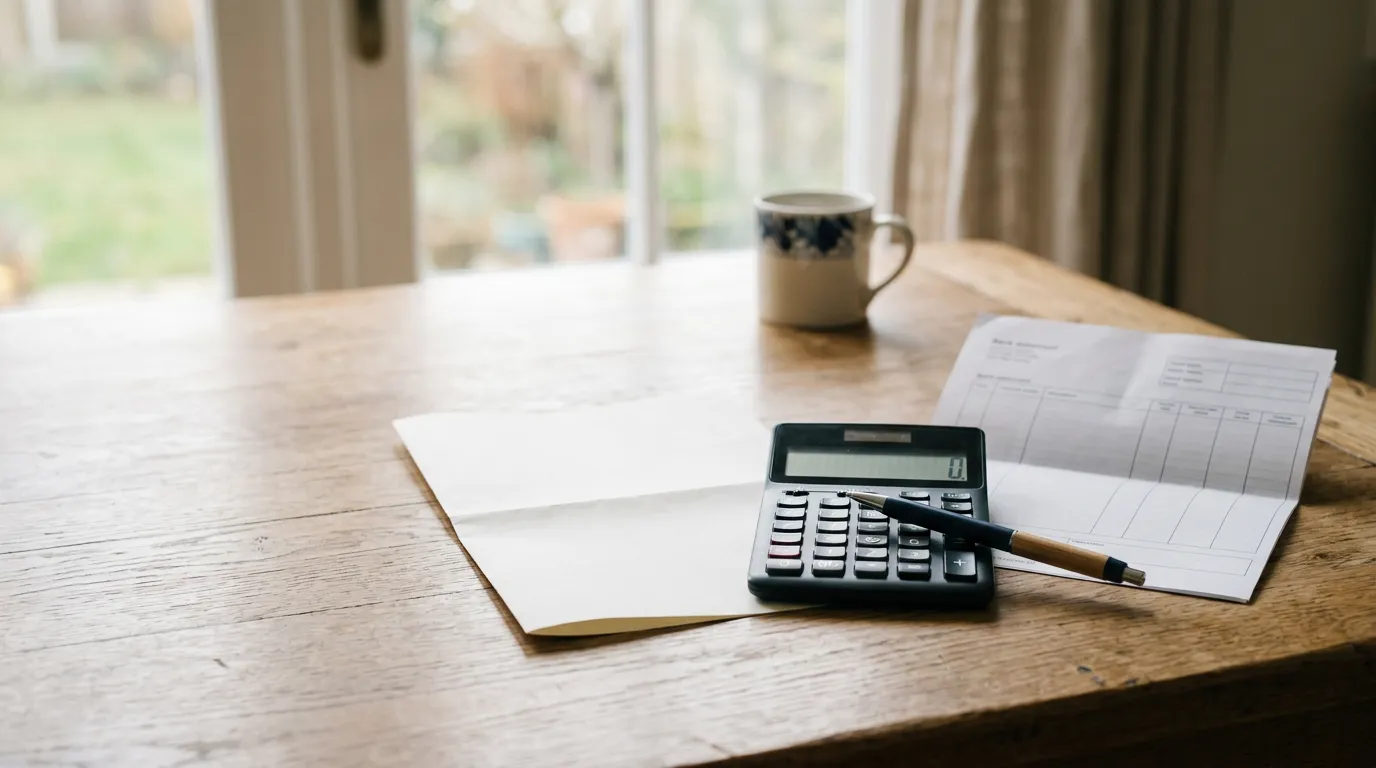 Une facture d'énergie, une calculatrice et un relevé bancaire posés sur une table en bois près d'une fenêtre