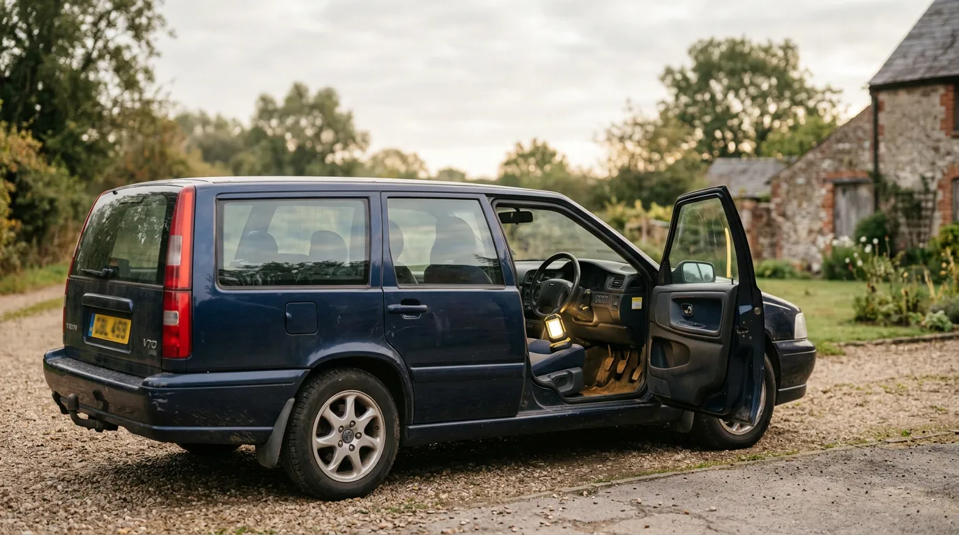 Voiture d'occasion garée portière ouverte avec une lampe d'inspection posée sur le siège