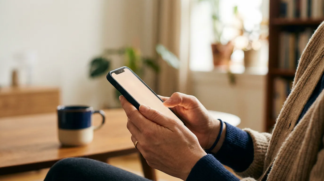 Mains tenant un smartphone à l'écran neutre, arrière-plan intérieur flou