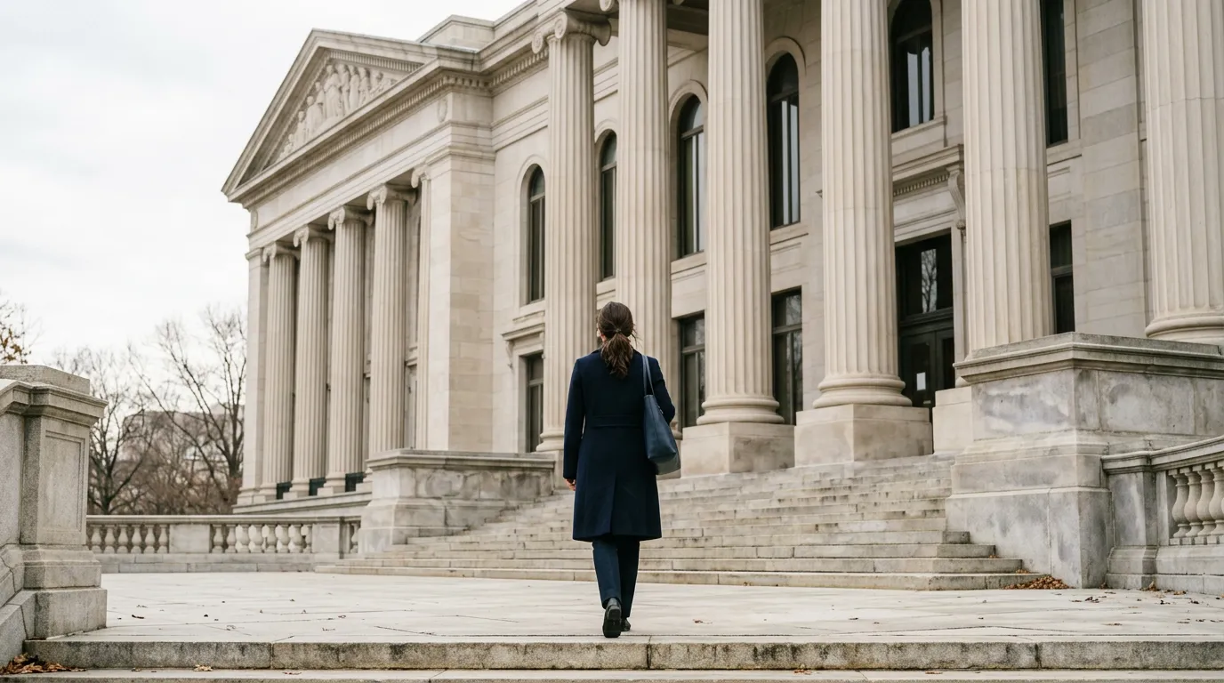 Personne de dos montant les marches d'un palais de justice à colonnes, lumière douce