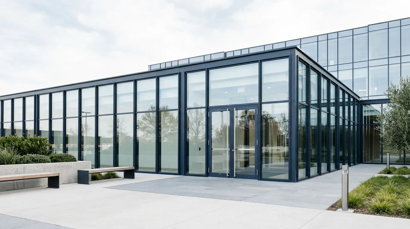 Entr\u00e9e vitr\u00e9e d'un immeuble de bureaux moderne vue de l'ext\u00e9rieur, \u00e9voquant la fin d'un contrat de travail