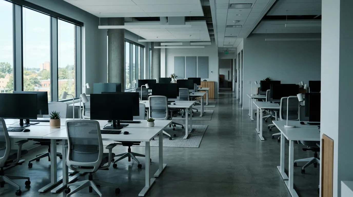 Open-space vide et calme avec rangées de bureaux et lumière naturelle, sans personne