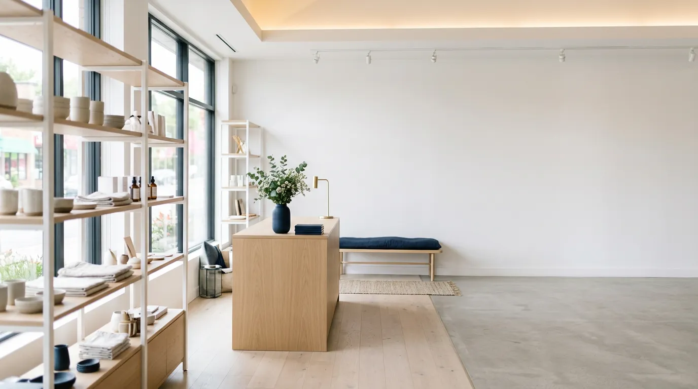 Intérieur lumineux d'une petite boutique commerciale, sans client