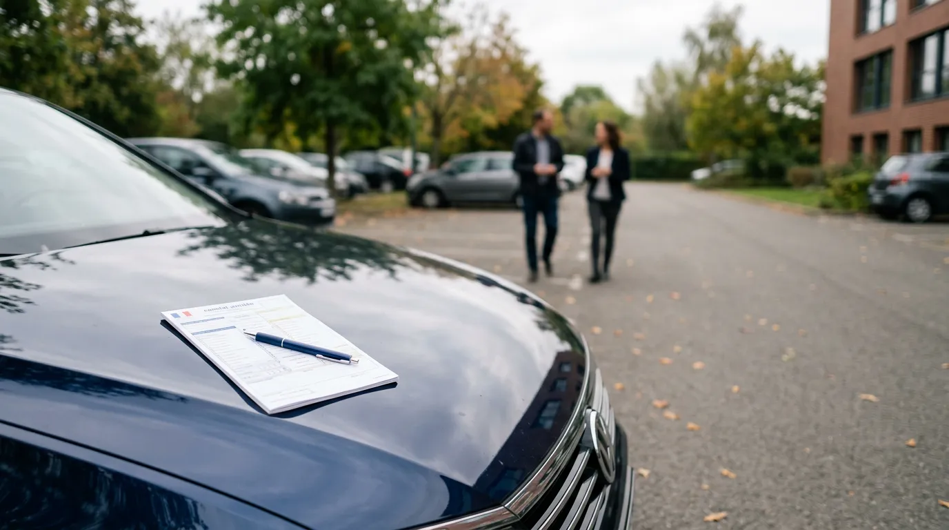 Constat amiable et stylo posés sur le capot d'une voiture dans un parking calme