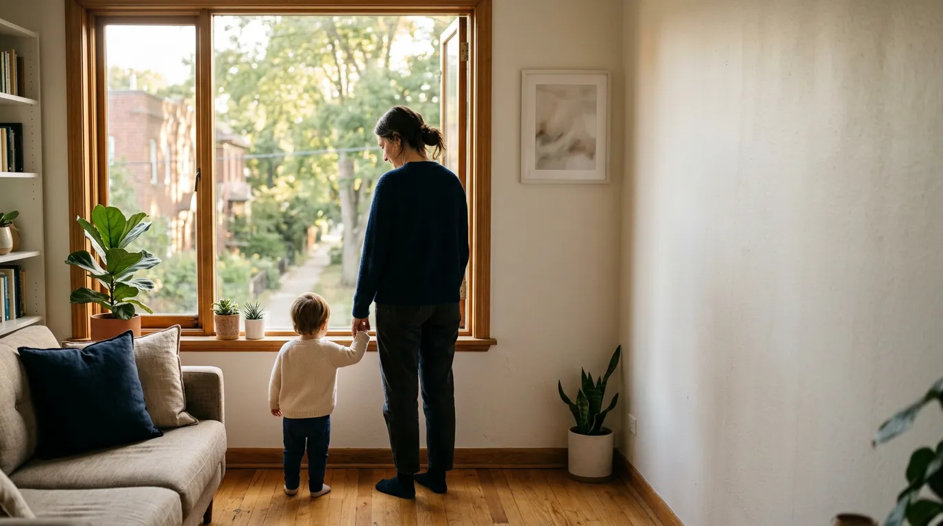 Un adulte et un enfant de dos près d'une fenêtre ensoleillée dans un appartement chaleureux, évoquant une famille réunie après un regroupement familial