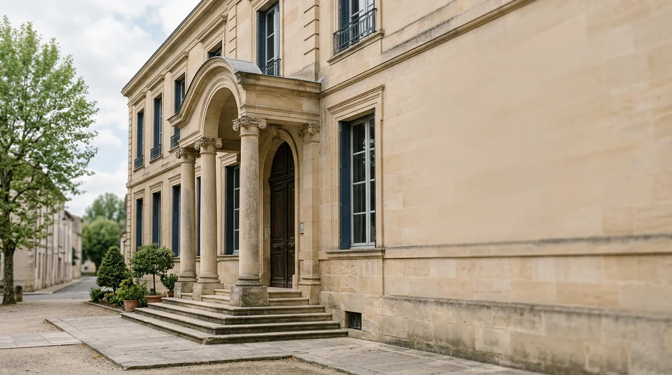 Façade d'un bâtiment public en pierre, marches et colonnes en lumière douce, sans personne