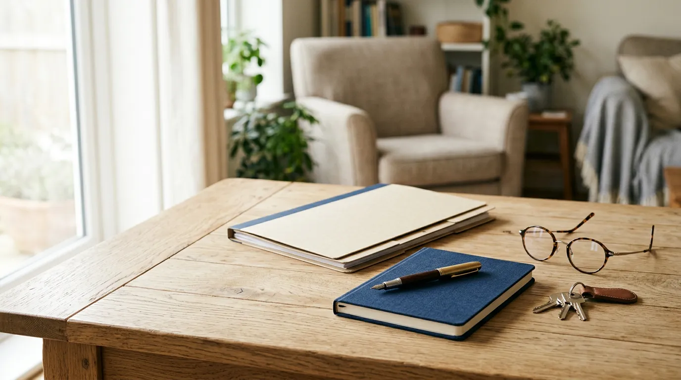Dossier de documents soigneusement organisé, carnet, stylo et trousseau de clés posés sur une table en bois près d'une fenêtre, dans un intérieur chaleureux