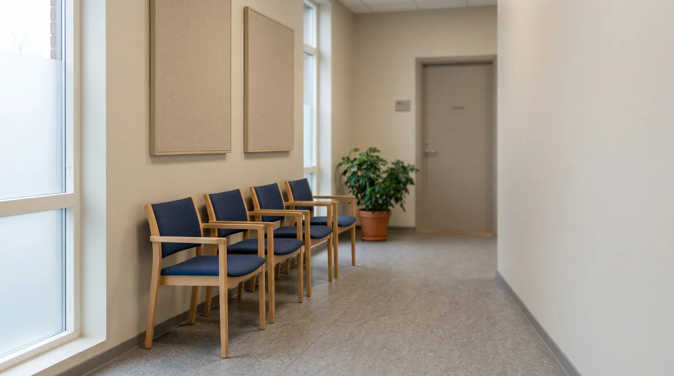 Salle d'attente administrative sobre avec des chaises vides, lumière douce