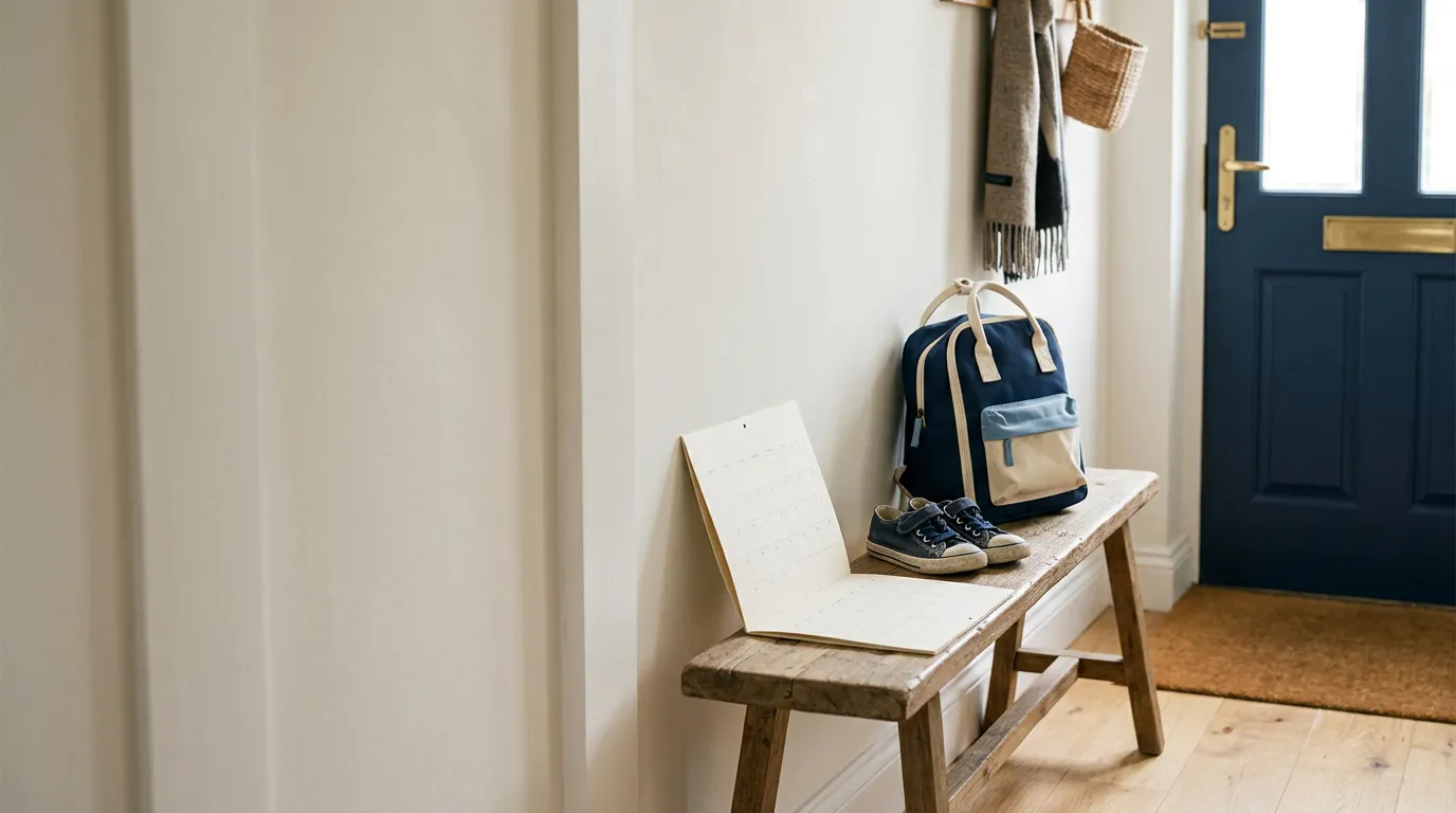 Petit sac à dos d'enfant et chaussures posés sur un banc dans une entrée lumineuse, évoquant l'alternance de résidence