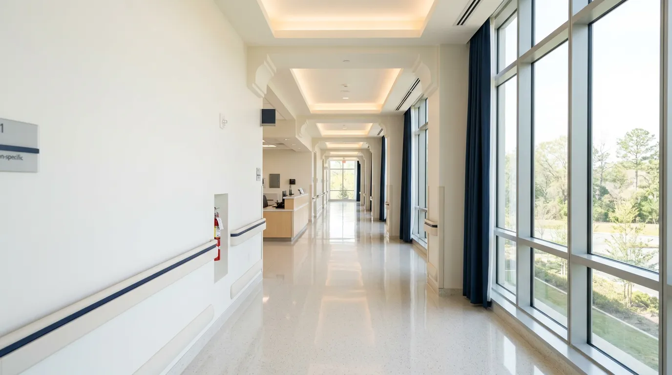 Couloir d'hôpital moderne, lumineux et calme, vu en perspective