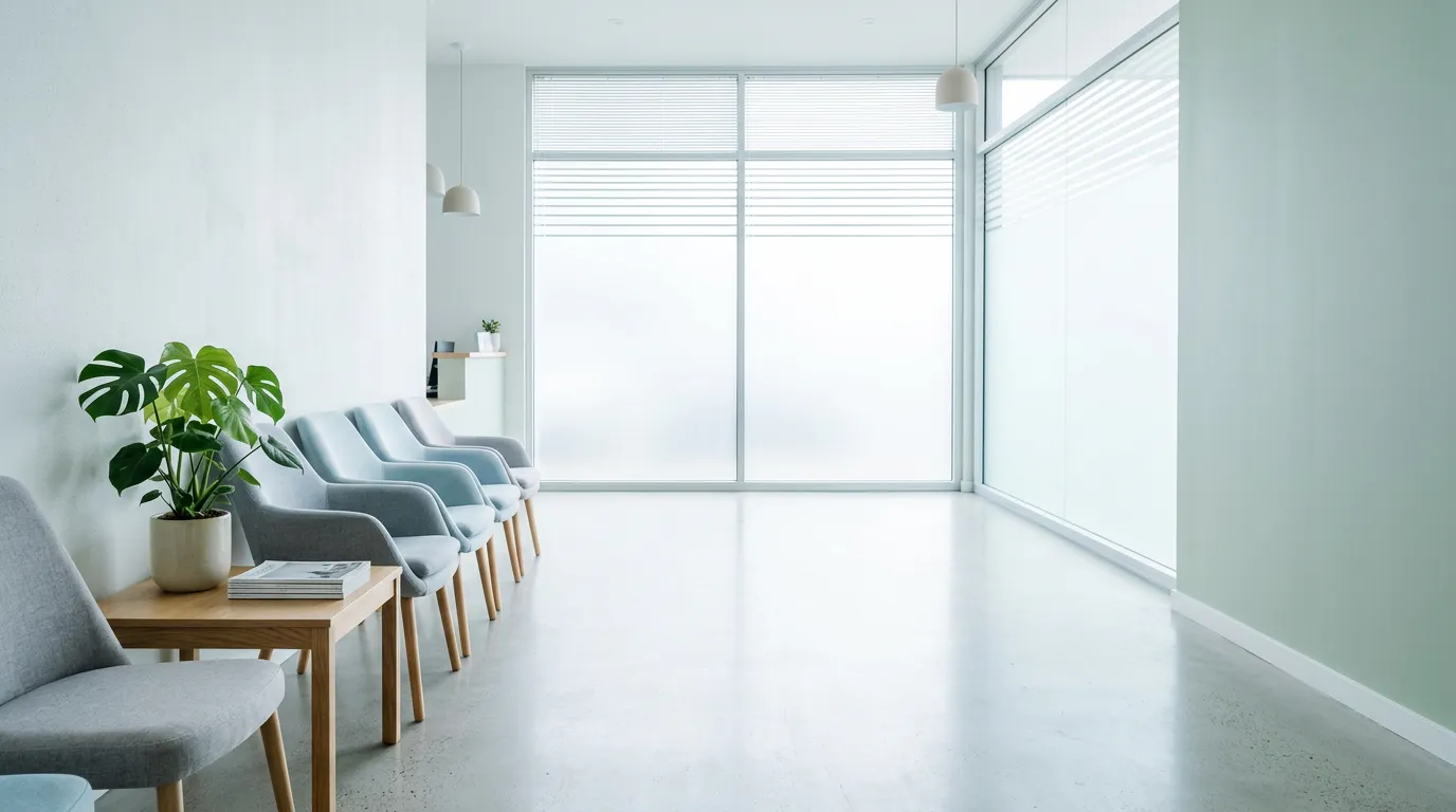 Salle d'attente claire d'une clinique, aux tons bleutés et lumière diffuse, sièges vides
