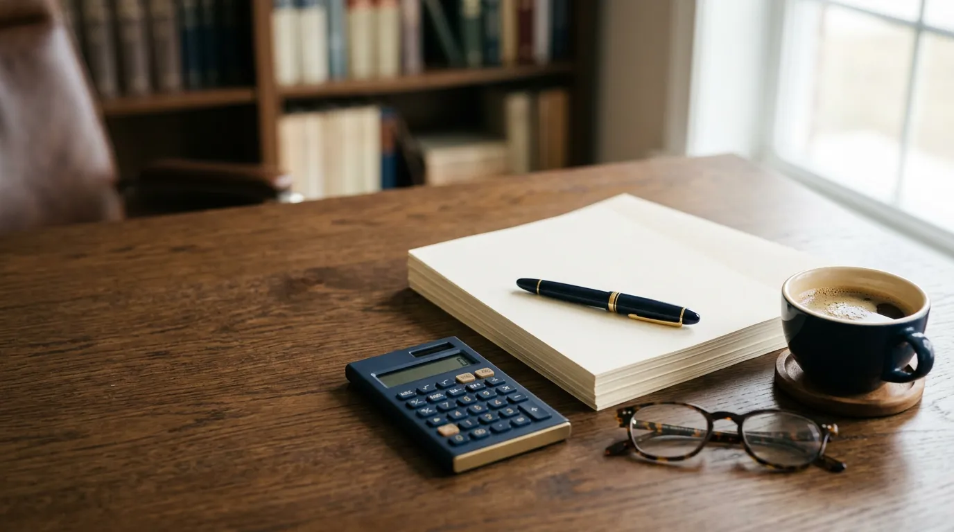 Bureau d'avocat avec convention d'honoraires, stylo et calculatrice évoquant le calcul des honoraires