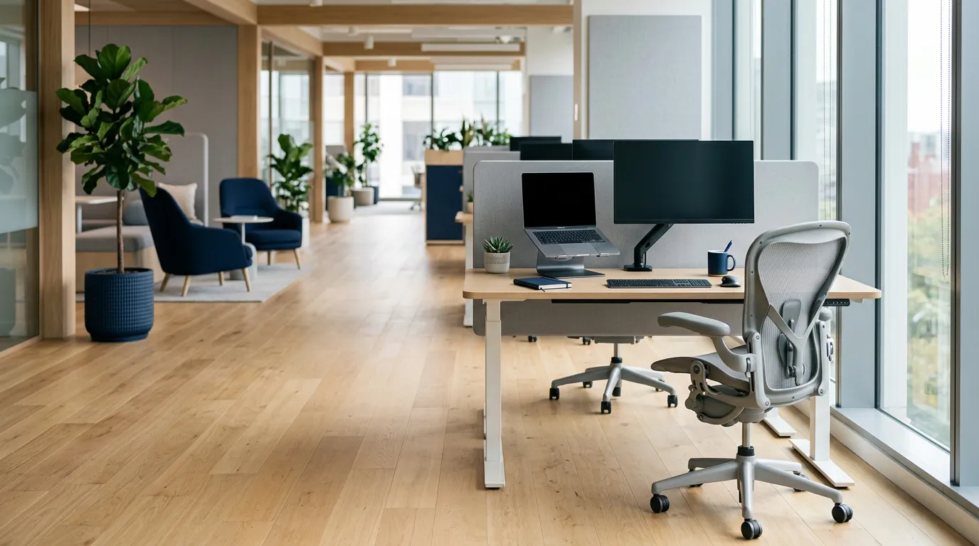 Poste de travail ergonomique et accessible dans un bureau lumineux et inclusif