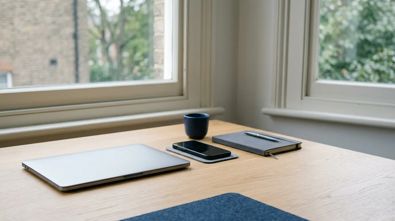 Smartphone retourné et ordinateur portable fermé sur un bureau clair, sans personne