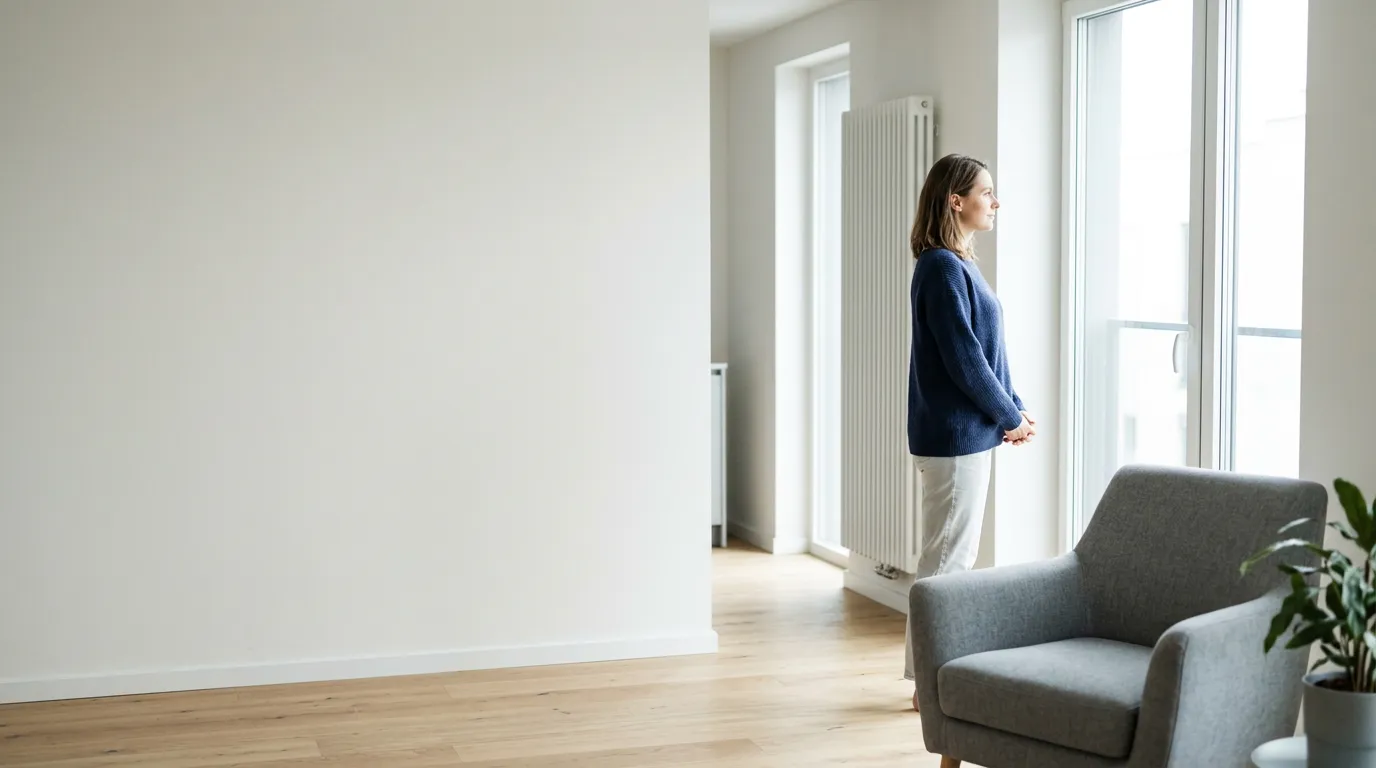 Personne dans un séjour lumineux près d'une fenêtre et d'un radiateur