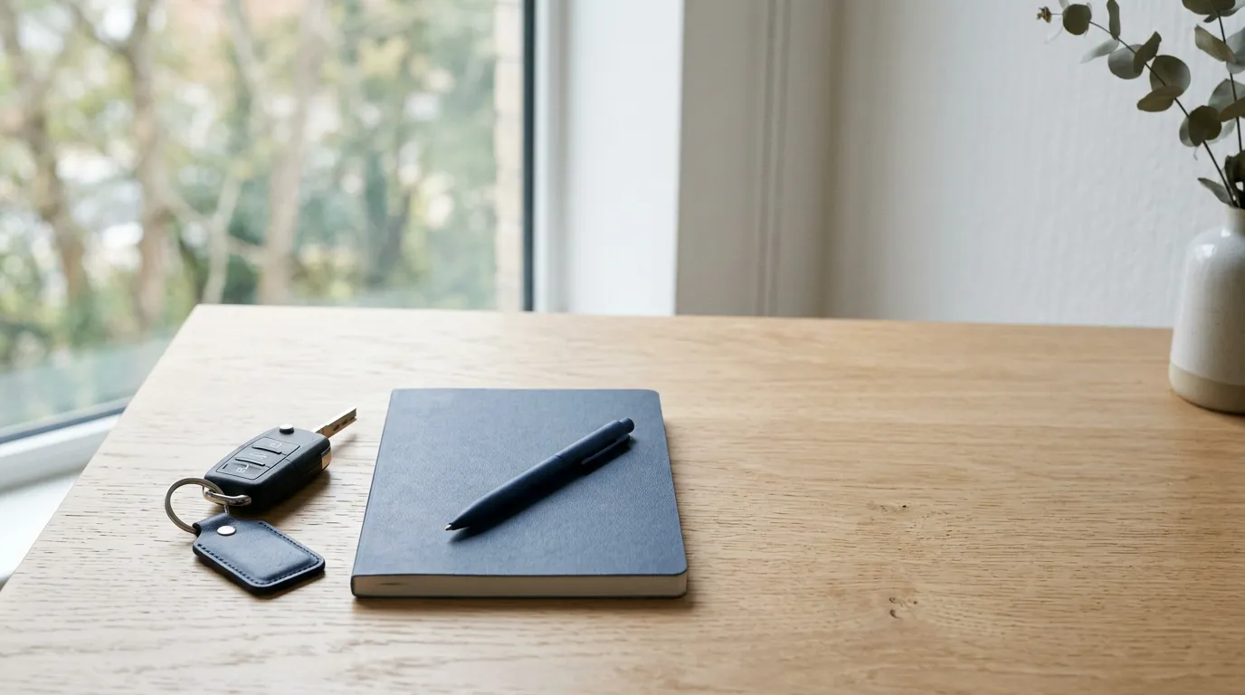Clés de voiture et carnet posés sur un bureau clair près d'une fenêtre