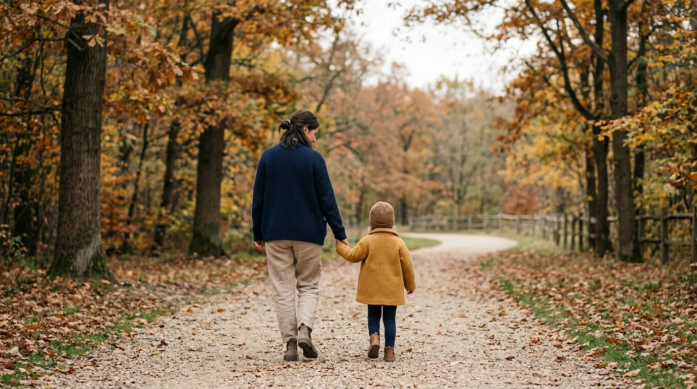 Un parent et un enfant marchant main dans la main dans un parc