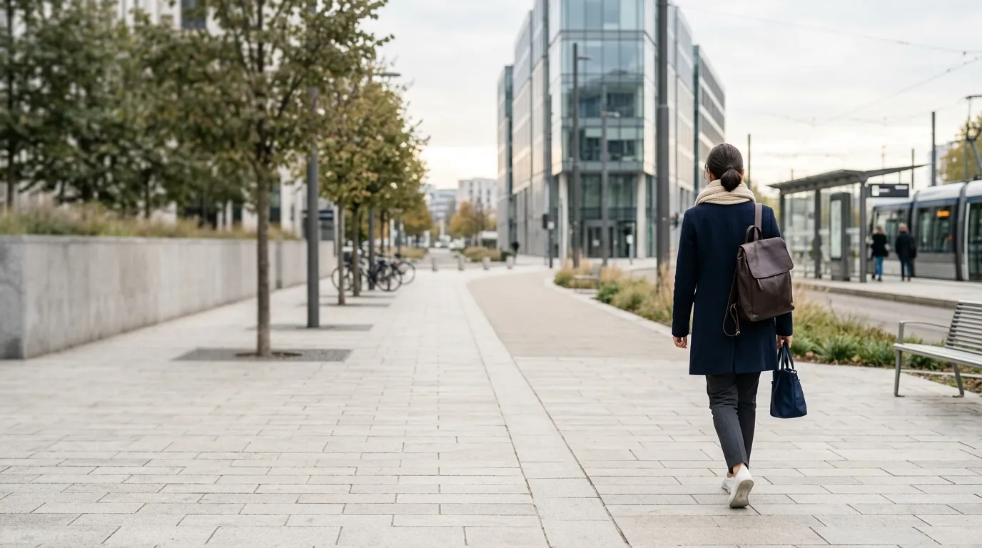 Personne de dos marchant vers un immeuble de bureaux le matin, scène urbaine