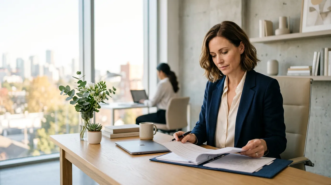 Employeur préparant sa défense aux prud'hommes dans un bureau lumineux