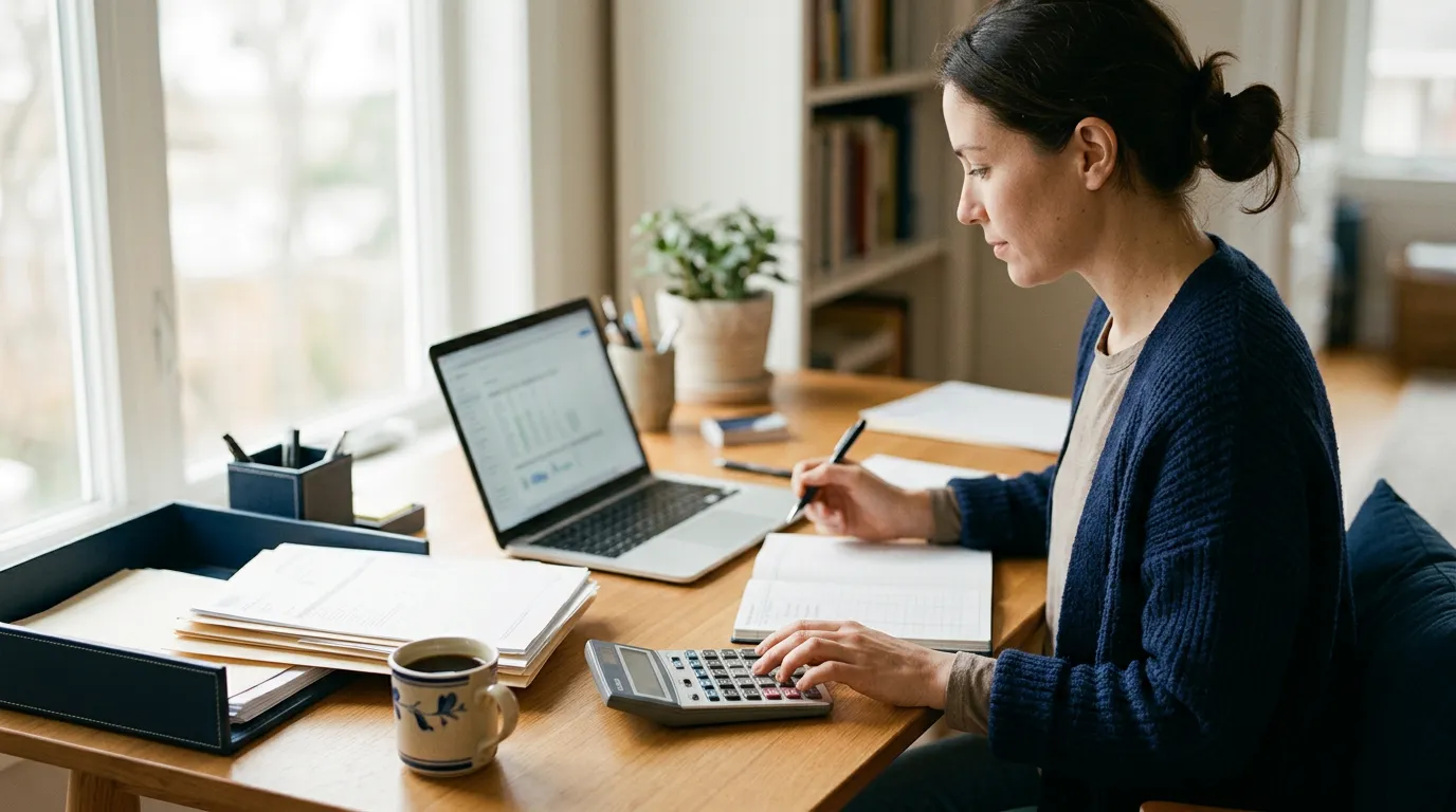 Une personne gère la facturation à un bureau, calculatrice et ordinateur portable, dossiers à côté