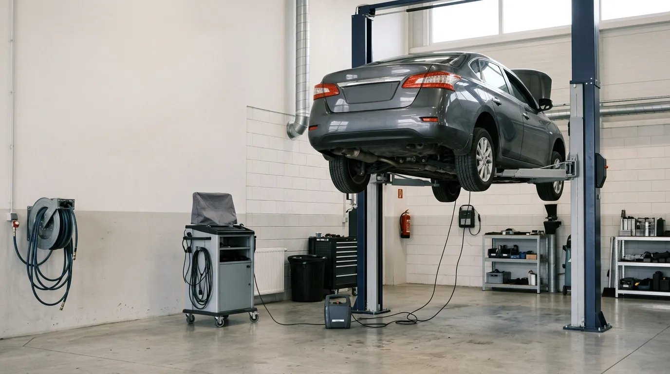 V\u00e9hicule sur un pont \u00e9l\u00e9vateur dans un centre de contr\u00f4le technique, illustrant l'inspection d'une voiture