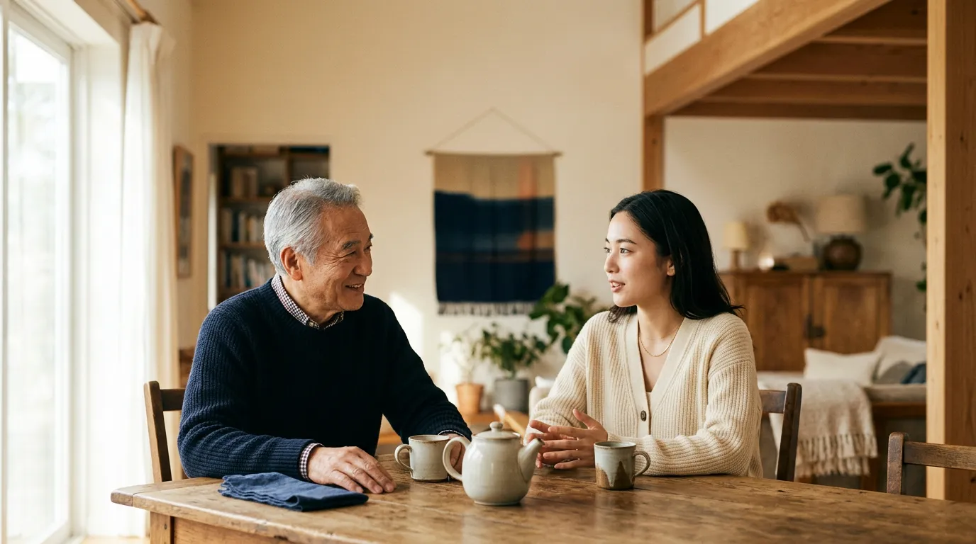 Une personne âgée et un adulte plus jeune assis ensemble dans un intérieur chaleureux