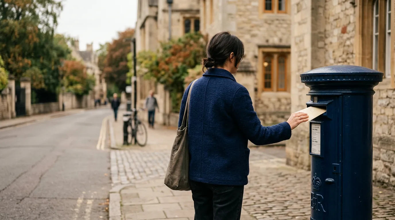 Personne déposant une enveloppe dans une boîte aux lettres publique dans la rue