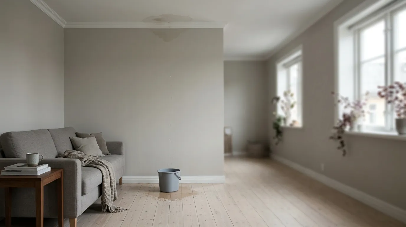 Salon vu en légère perspective avec une auréole d'infiltration au plafond et un seau au sol, la pièce s'ouvrant vers une fenêtre