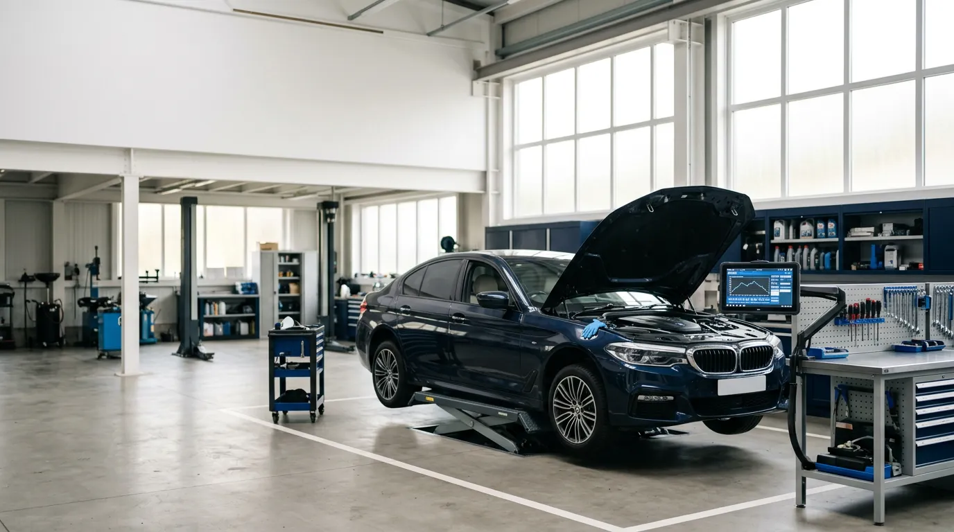 Atelier automobile clair avec une voiture en cours d'inspection, capot ouvert, sans personne