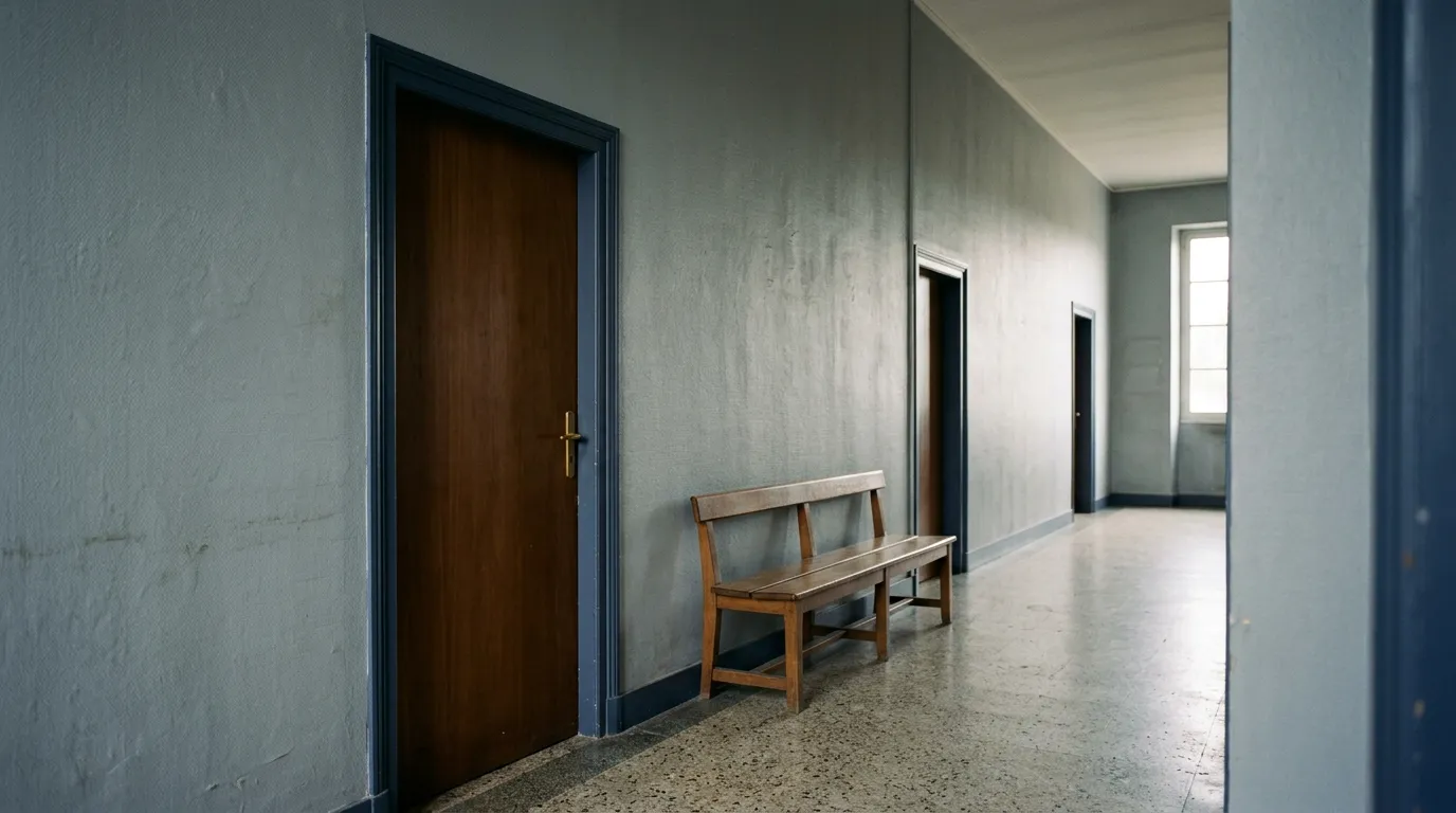 Couloir calme d'un commissariat, évoquant le cadre d'une garde à vue