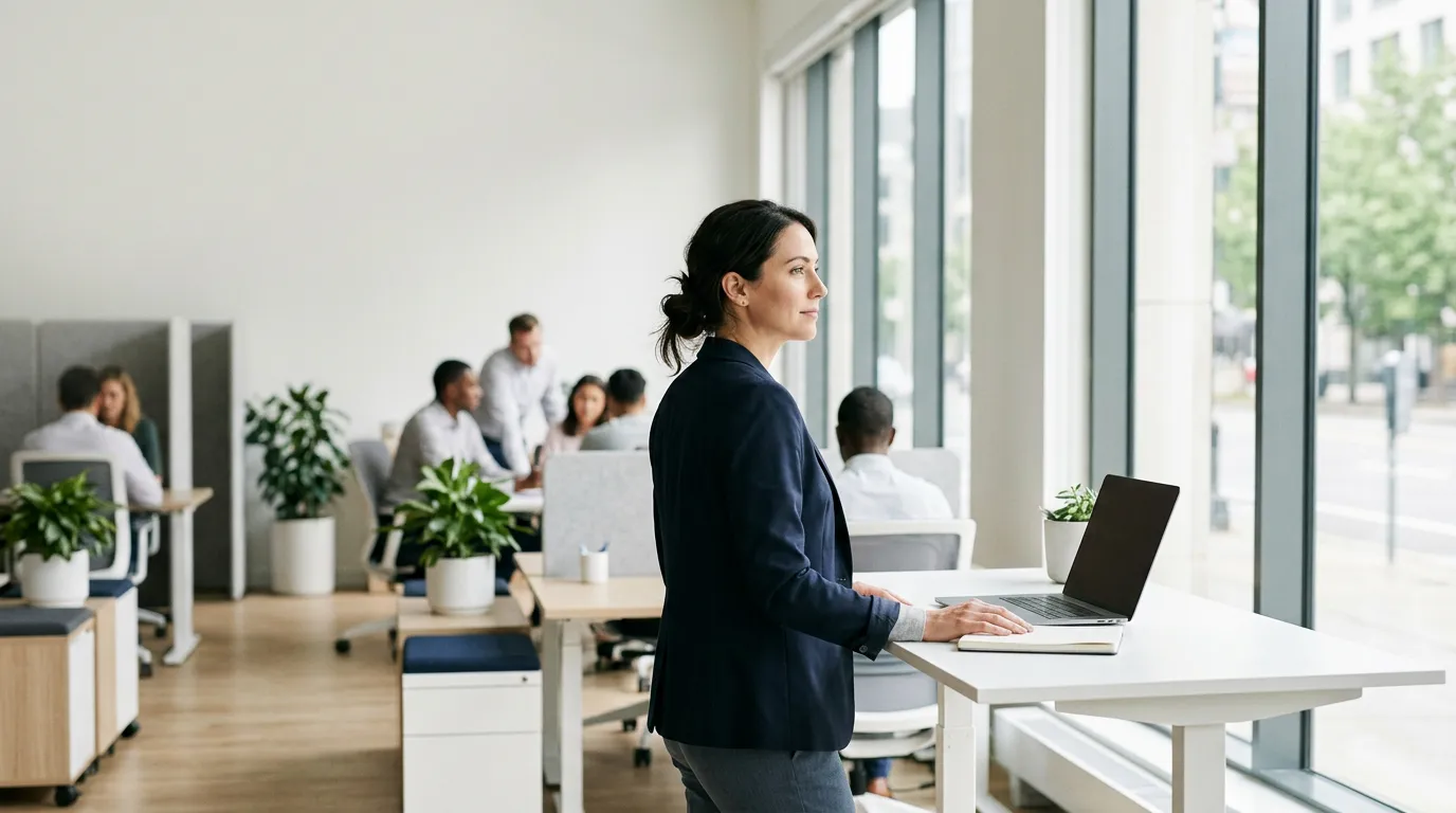 Personne au travail dans un open-space lumineux, collègues en arrière-plan flou