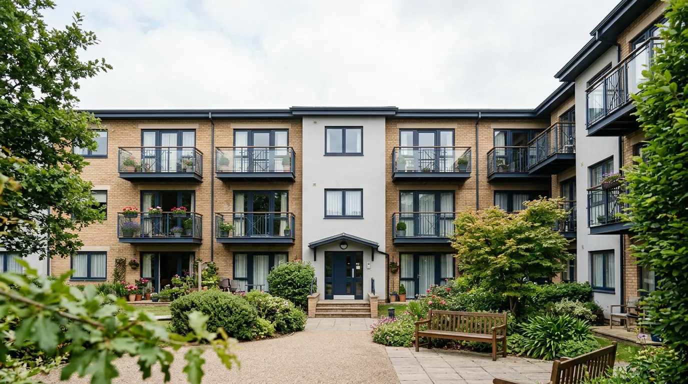 Façade d'un immeuble résidentiel avec une cour commune calme, sans occupant, sous une lumière douce