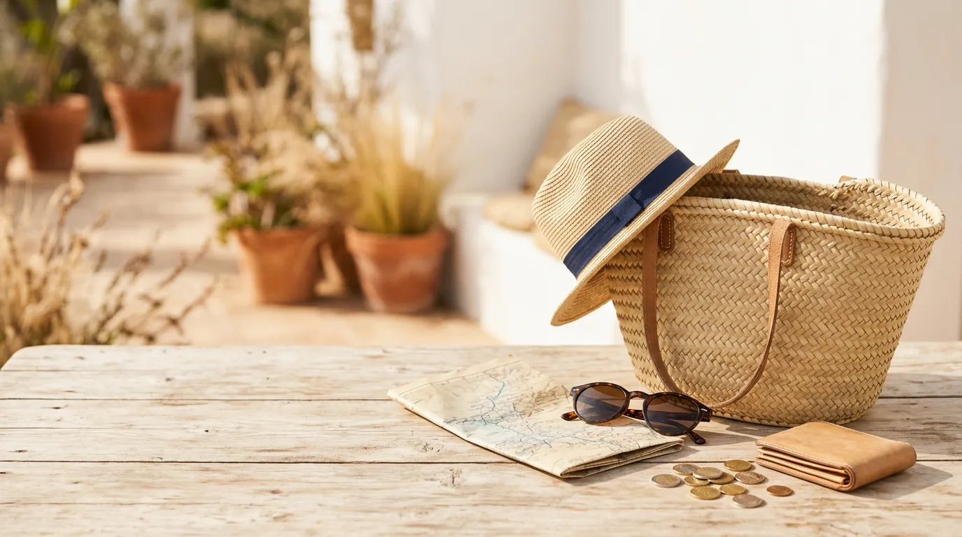 Sac de plage, chapeau de paille, lunettes de soleil et carte pli\u00e9e sur une surface claire, \u00e9voquant les vacances