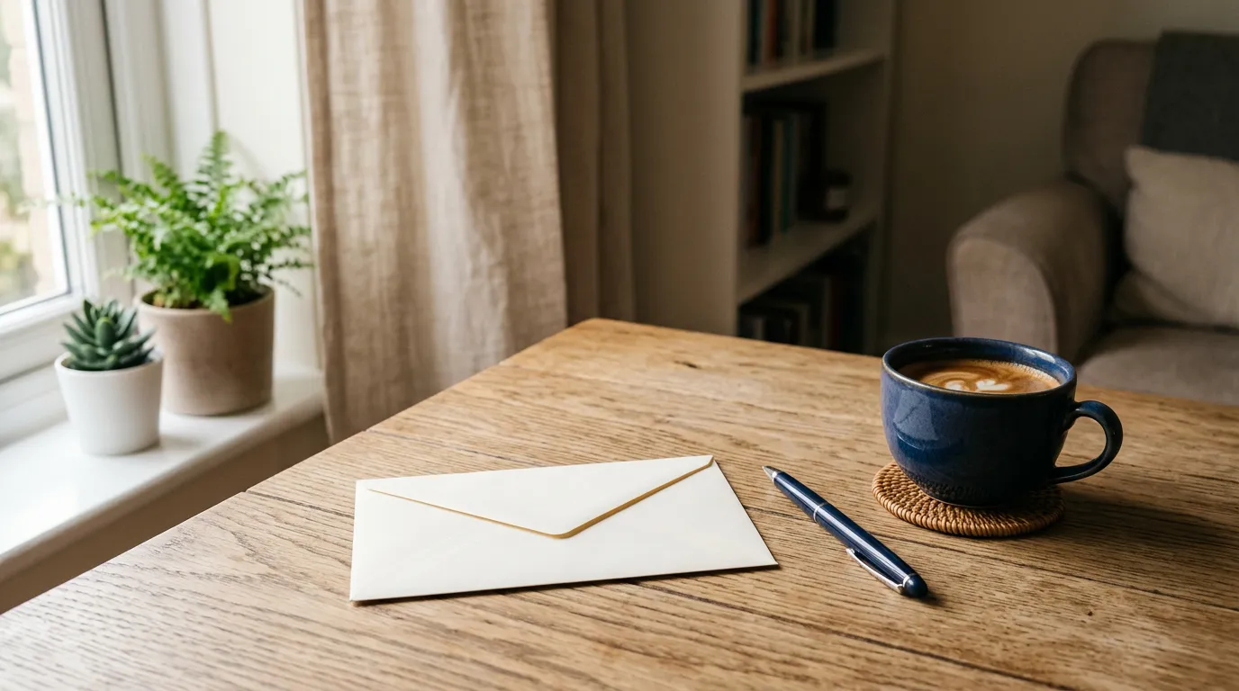 Enveloppe officielle ferm\u00e9e et stylo pos\u00e9s sur une table pr\u00e8s d'une fen\u00eatre, \u00e9voquant la r\u00e9ception d'un acte de saisie