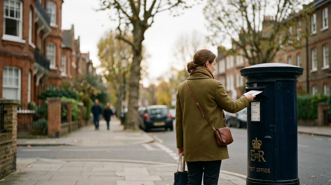 Personne postant une lettre dans une boîte aux lettres publique dans une rue calme