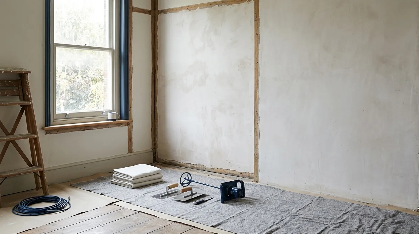 Intérieur de logement en travaux interrompus, mur partiellement enduit et outils posés, sans personne