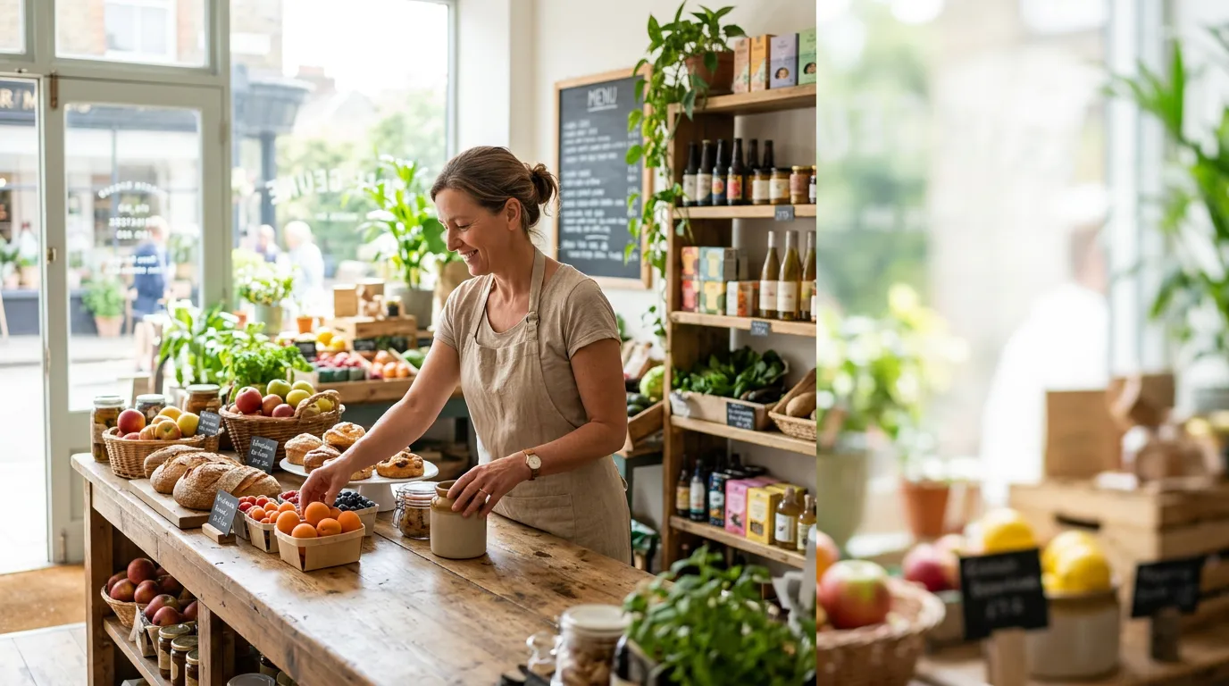 Commerçant rangeant ses produits derrière le comptoir d'une boutique à l'ambiance fraîche et lumineuse du matin