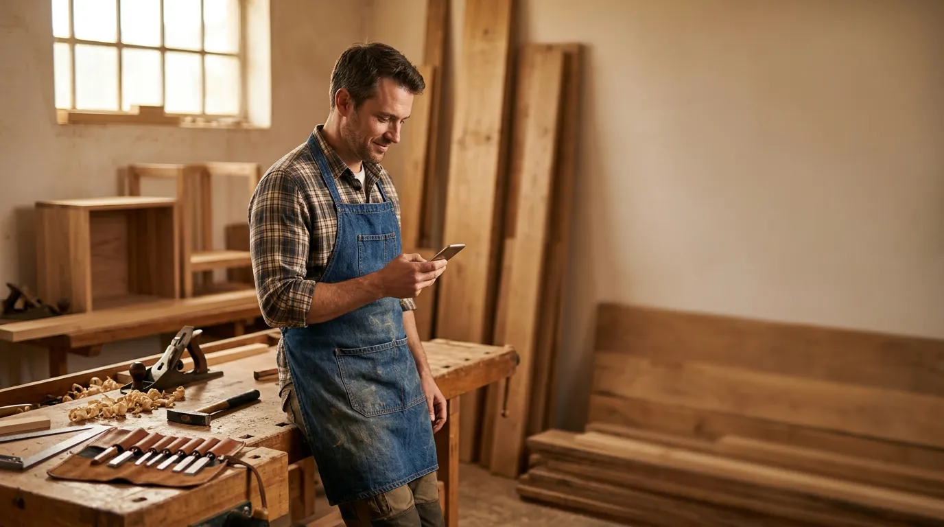 Un menuisier en tablier consulte son téléphone dans son atelier aux tons chauds et boisés, lumière dorée