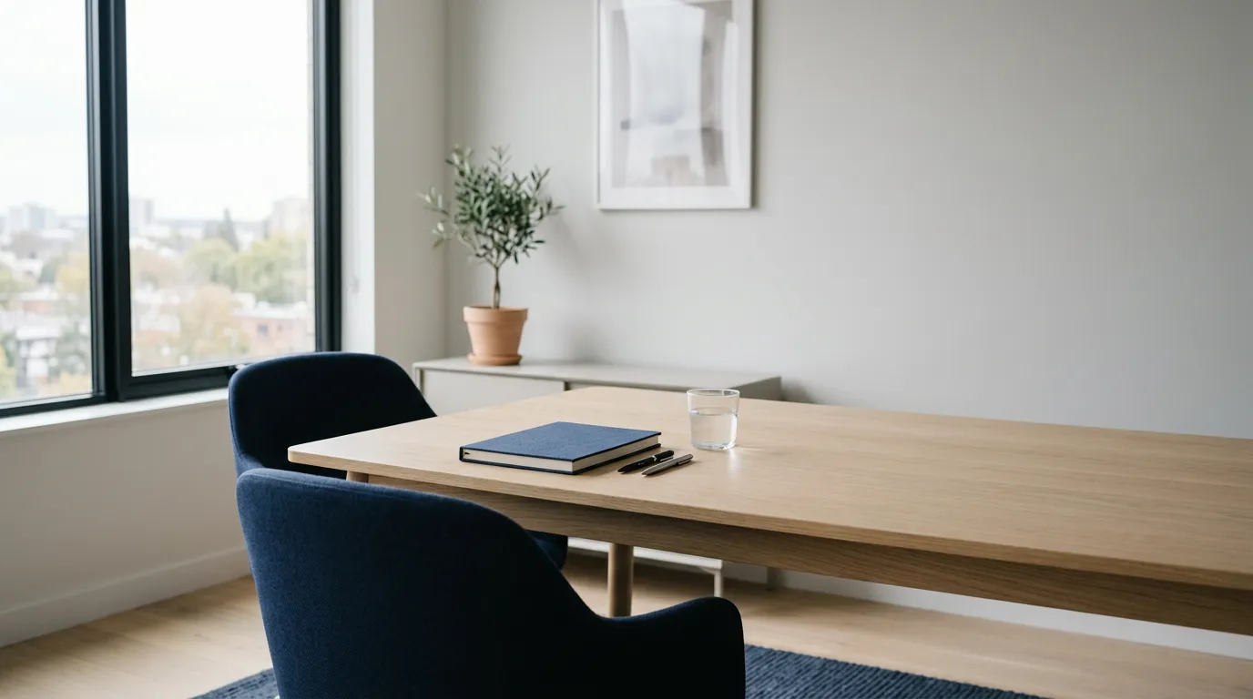 Salle de réunion lumineuse avec deux sièges face à face autour d'une table, évoquant le dialogue entre associés