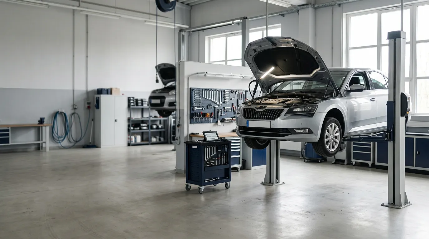Voiture sur un pont élévateur dans un atelier, capot ouvert, lors d'une inspection technique pour vice caché