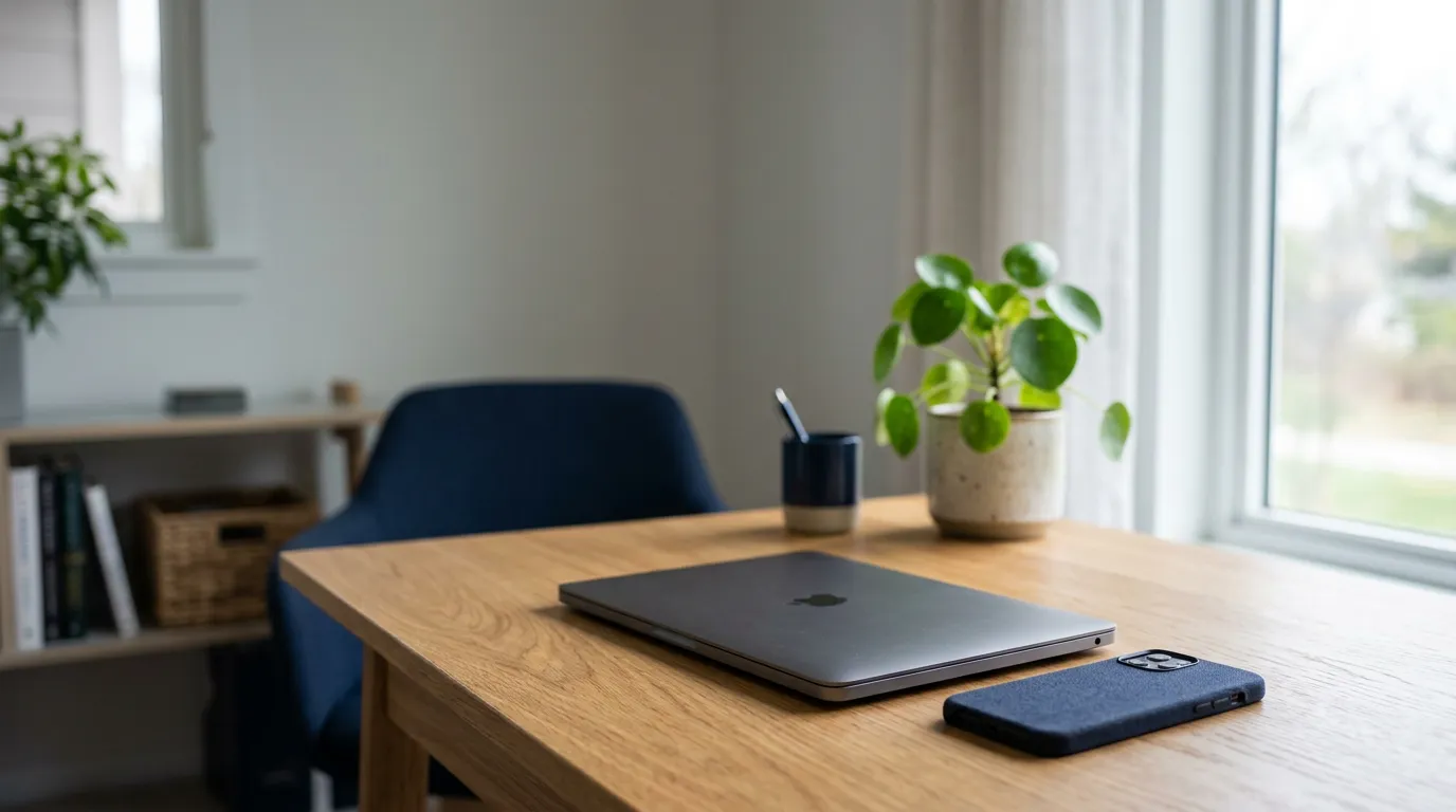 Bureau professionnel avec un ordinateur portable fermé et un smartphone près d'une fenêtre