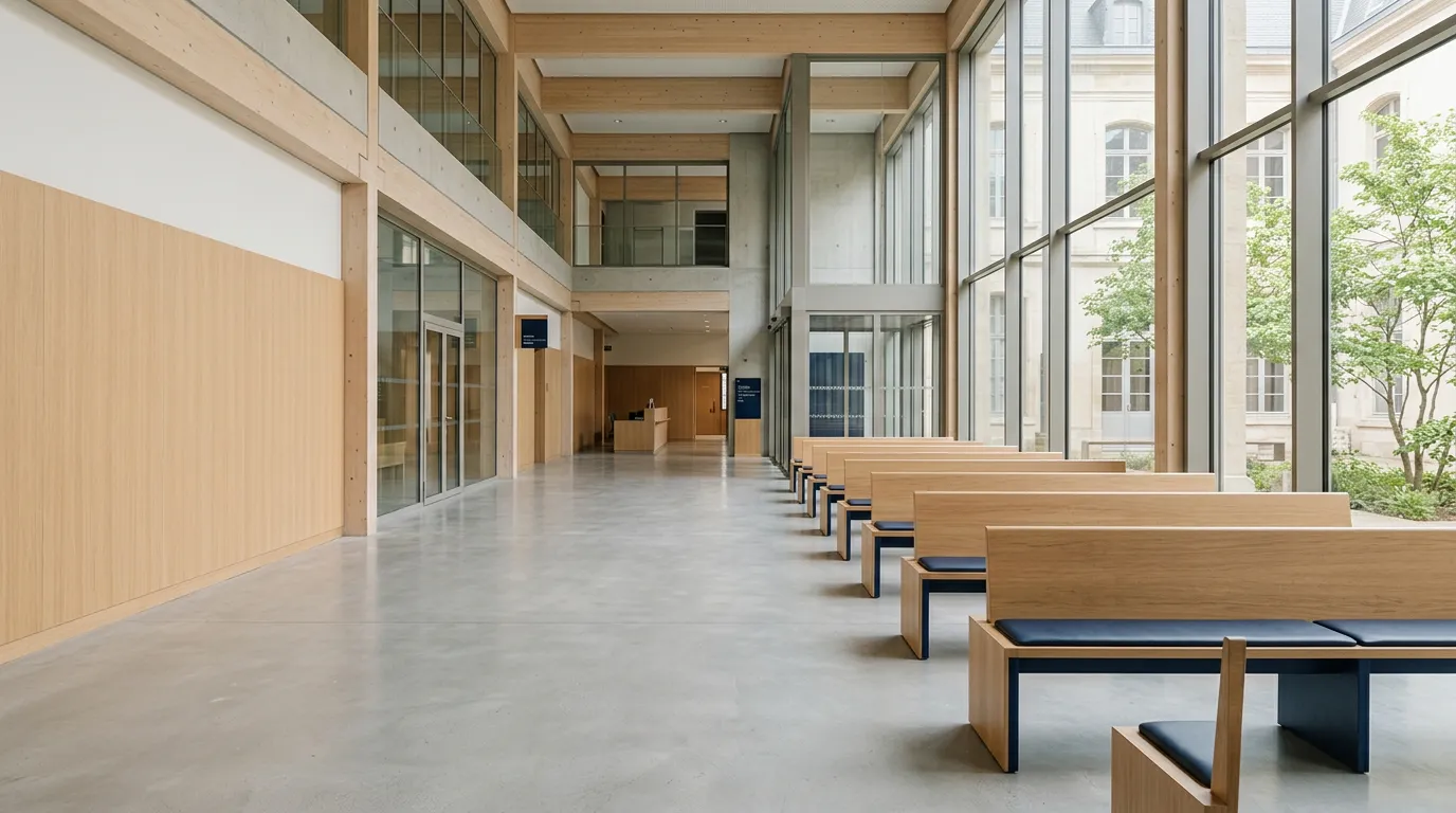 Hall d'accueil calme et lumineux d'un tribunal, illustrant la saisine du conseil de prud'hommes