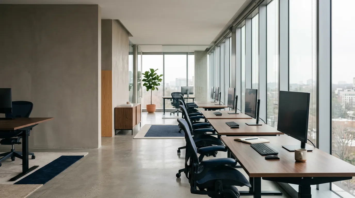 Open-space moderne et lumineux, sans personne, un jour calme