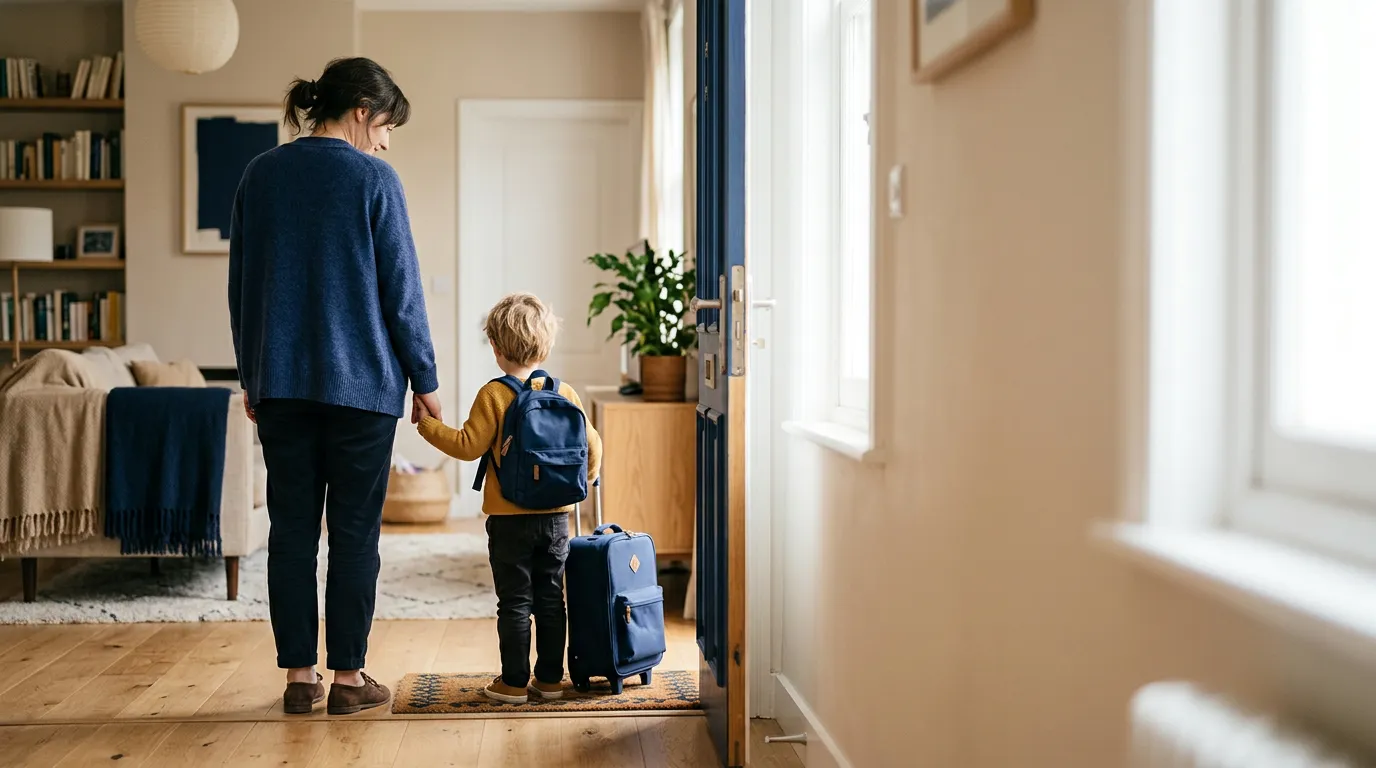 Un parent et un jeune enfant vus de dos à la porte d'un appartement lumineux, l'enfant tenant un petit sac à dos et une valise, évoquant le passage entre deux domiciles