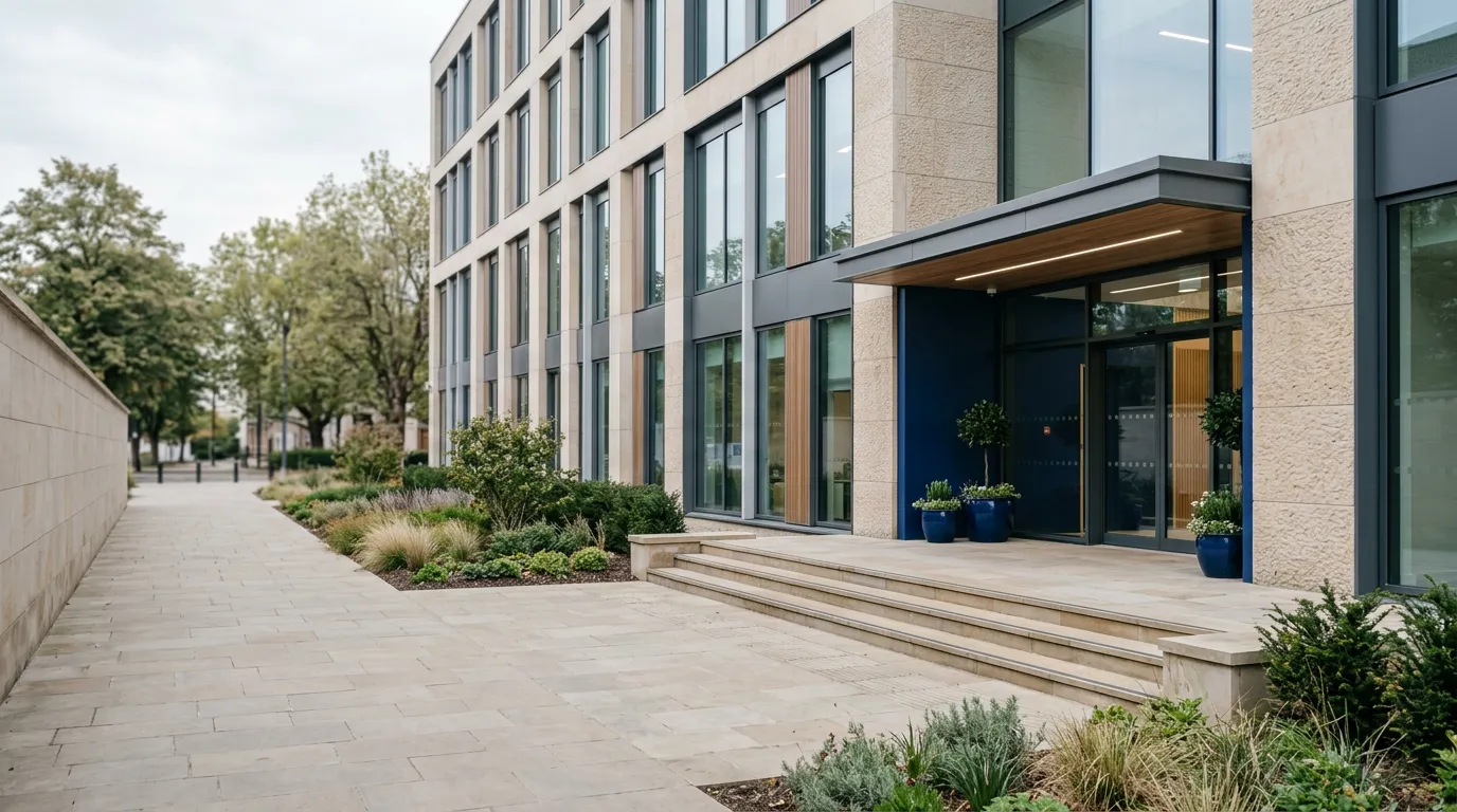 Entrée d'un immeuble de bureaux moderne en lumière douce, façade vitrée, sans personne