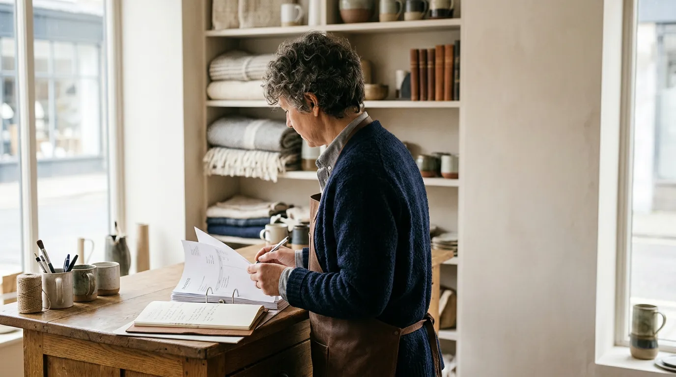 Un commerçant indépendant examine ses factures au comptoir de son magasin, évoquant la gestion d'un impayé
