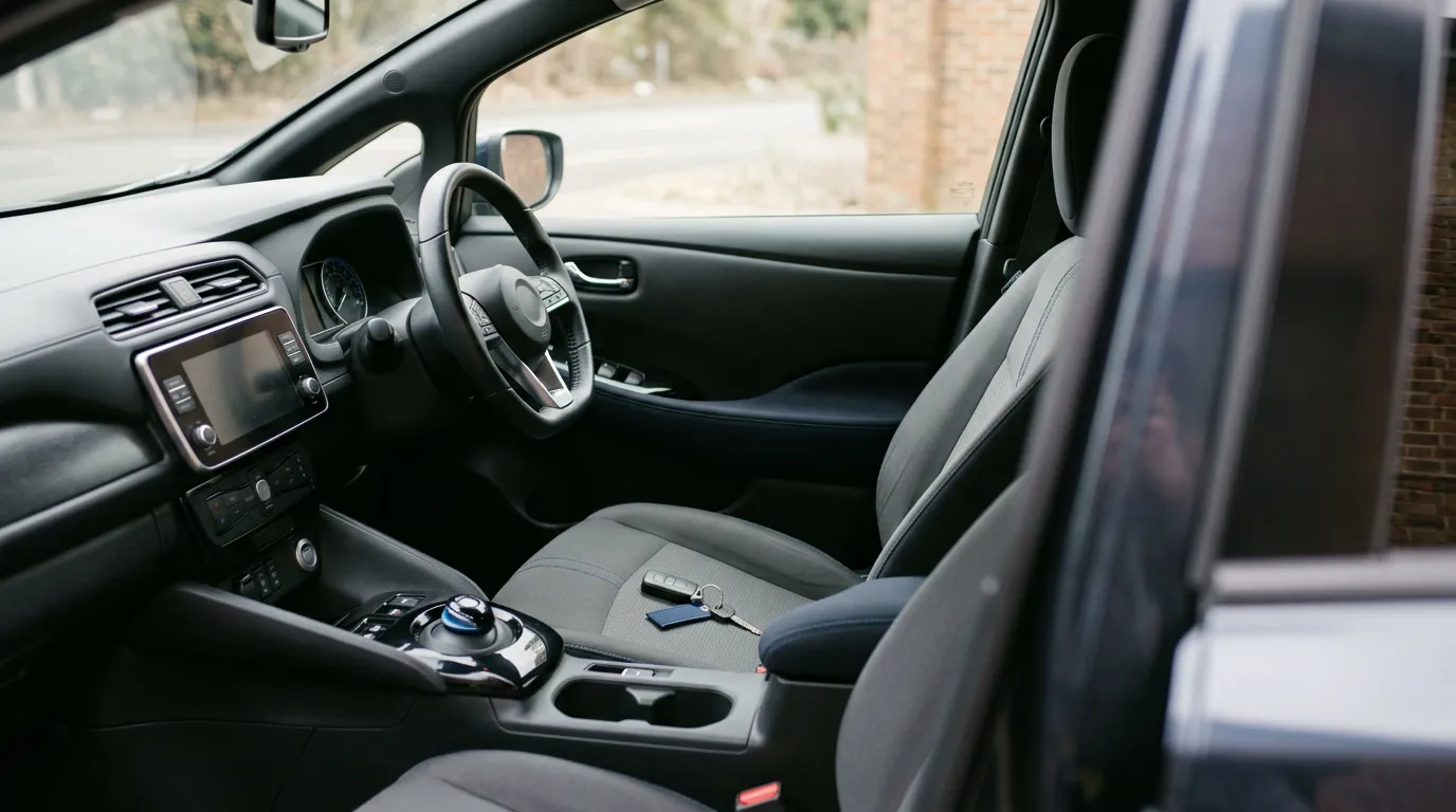 Intérieur de voiture côté conducteur en lumière douce, clés sur le siège passager, sans personne